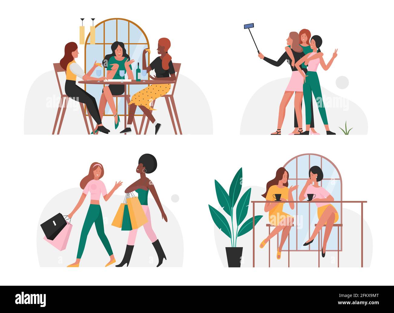 Amici la gente passa il tempo insieme insieme, giovani donne felici che prendono selfie, shopping Illustrazione Vettoriale