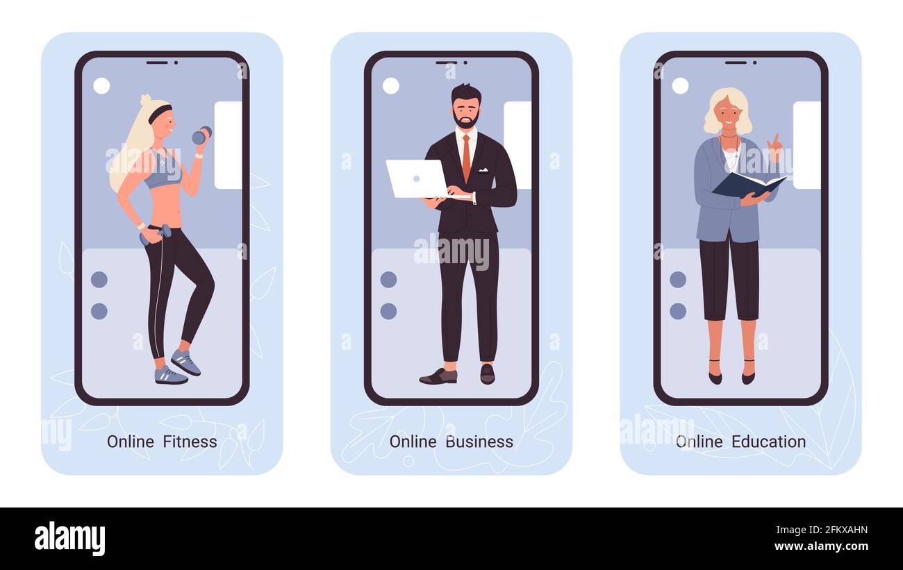 Online fitness business Education, professionisti, UX, UI mobile app page set Illustrazione Vettoriale