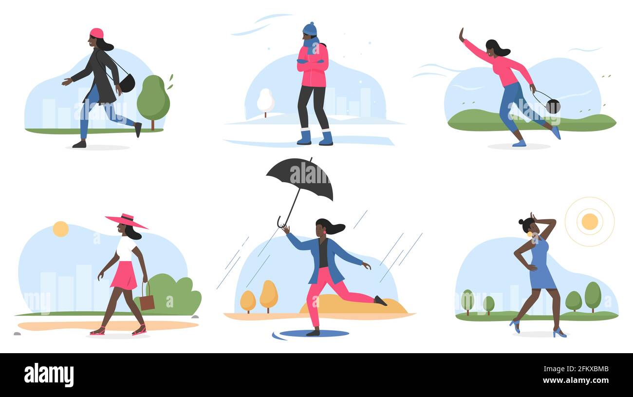 Donna e tempo di quattro stagioni set, carattere femminile in inverno autunno primavera estate Illustrazione Vettoriale