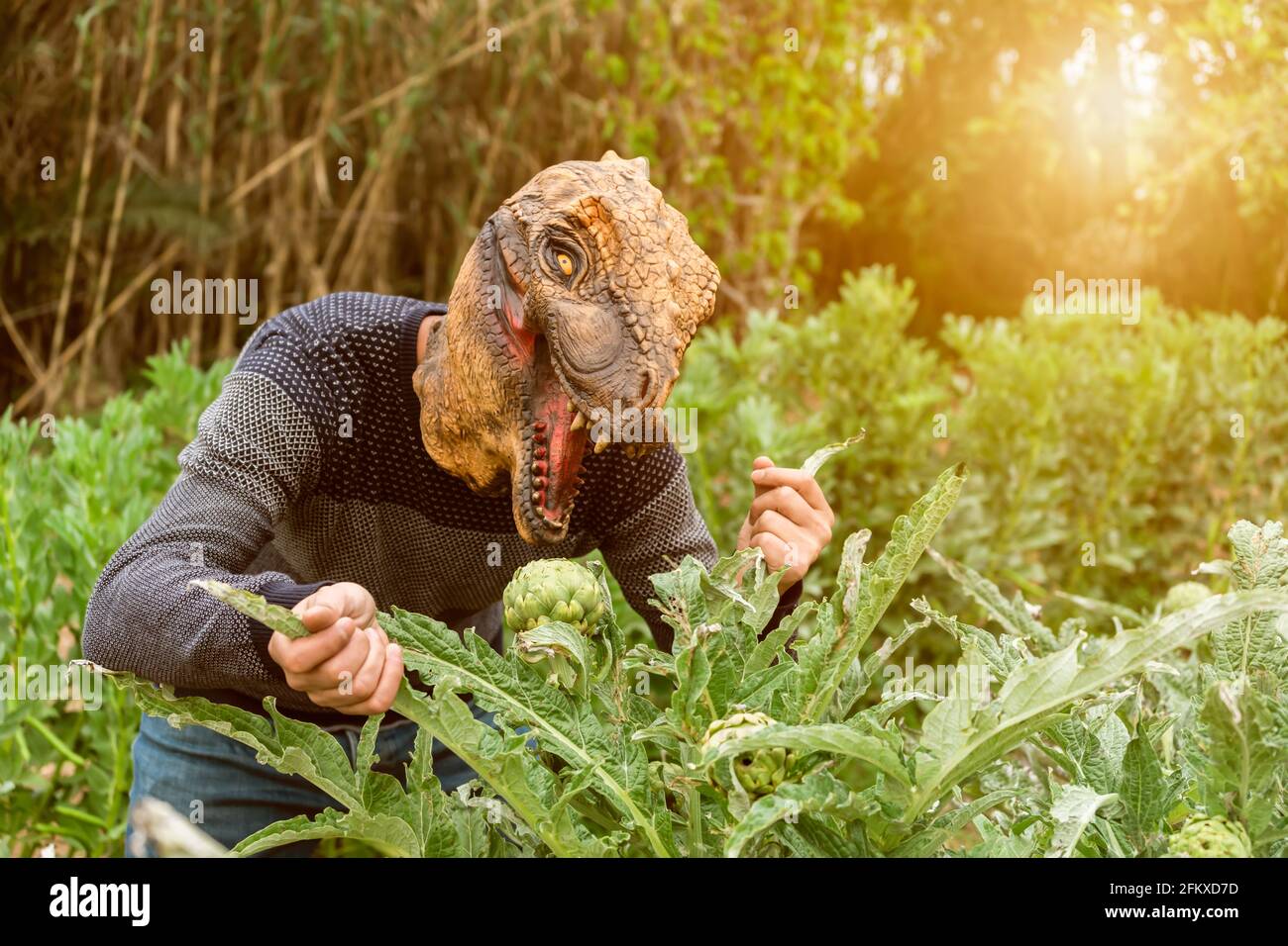 Uomo con maschera di testa animale dinosauro mangiare carciofi in orto Foto  stock - Alamy