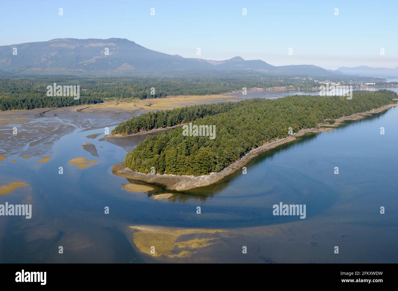 Willy Island, riserva indiana di Halalt Island, estuario del fiume Chemainus, Chemainus Valley, British Columbia, Canada. Foto Stock