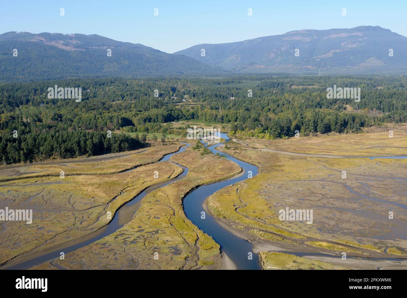 Fotografia aerea dell'estuario del fiume Chemainus, Chemainus Valley, Vancouver Island, British Columbia, Canada. Foto Stock