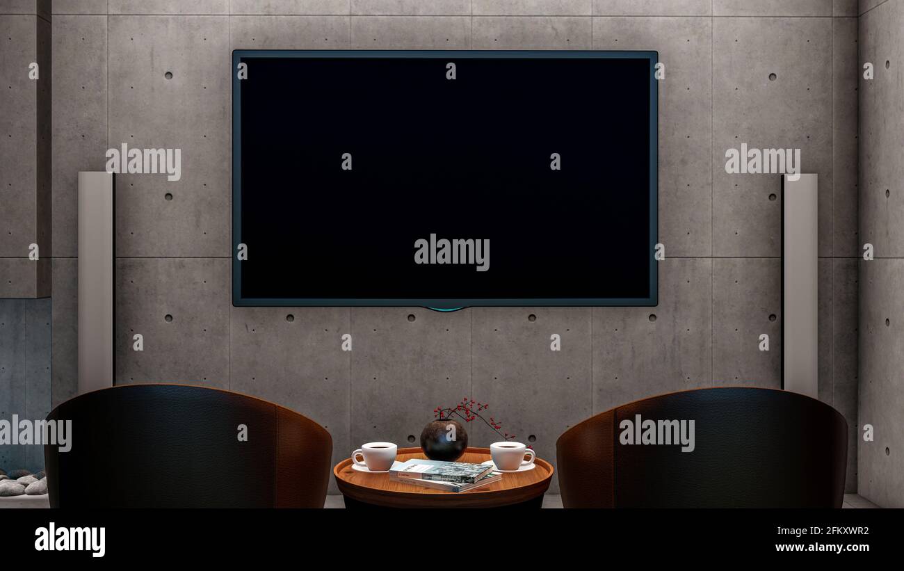Mockup Smart tv nel soggiorno sulla parete in cemento, rendering 3d Foto Stock