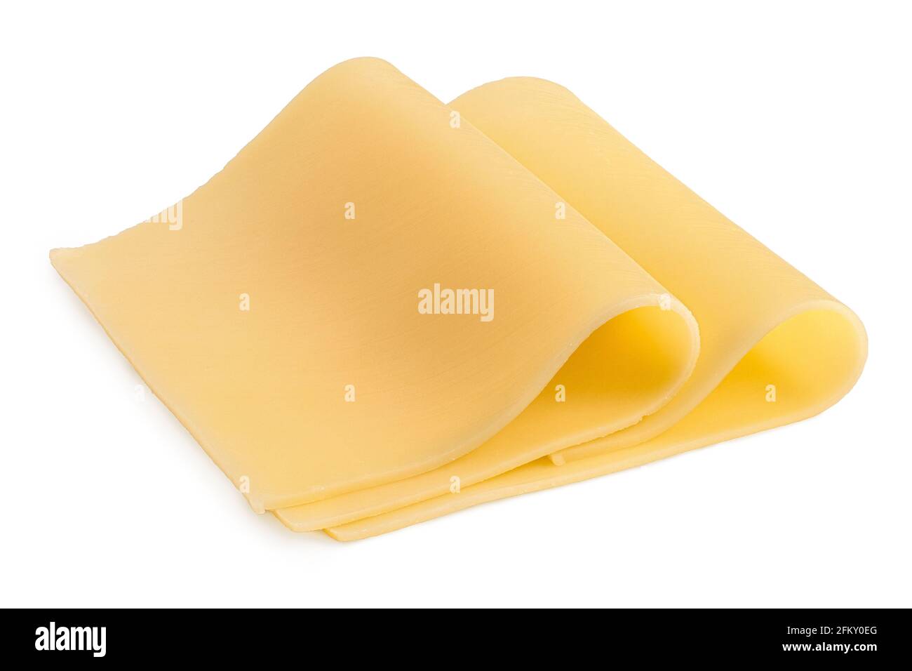 Due sottili fette ripiegate di formaggio giallo isolate su bianco. Foto Stock