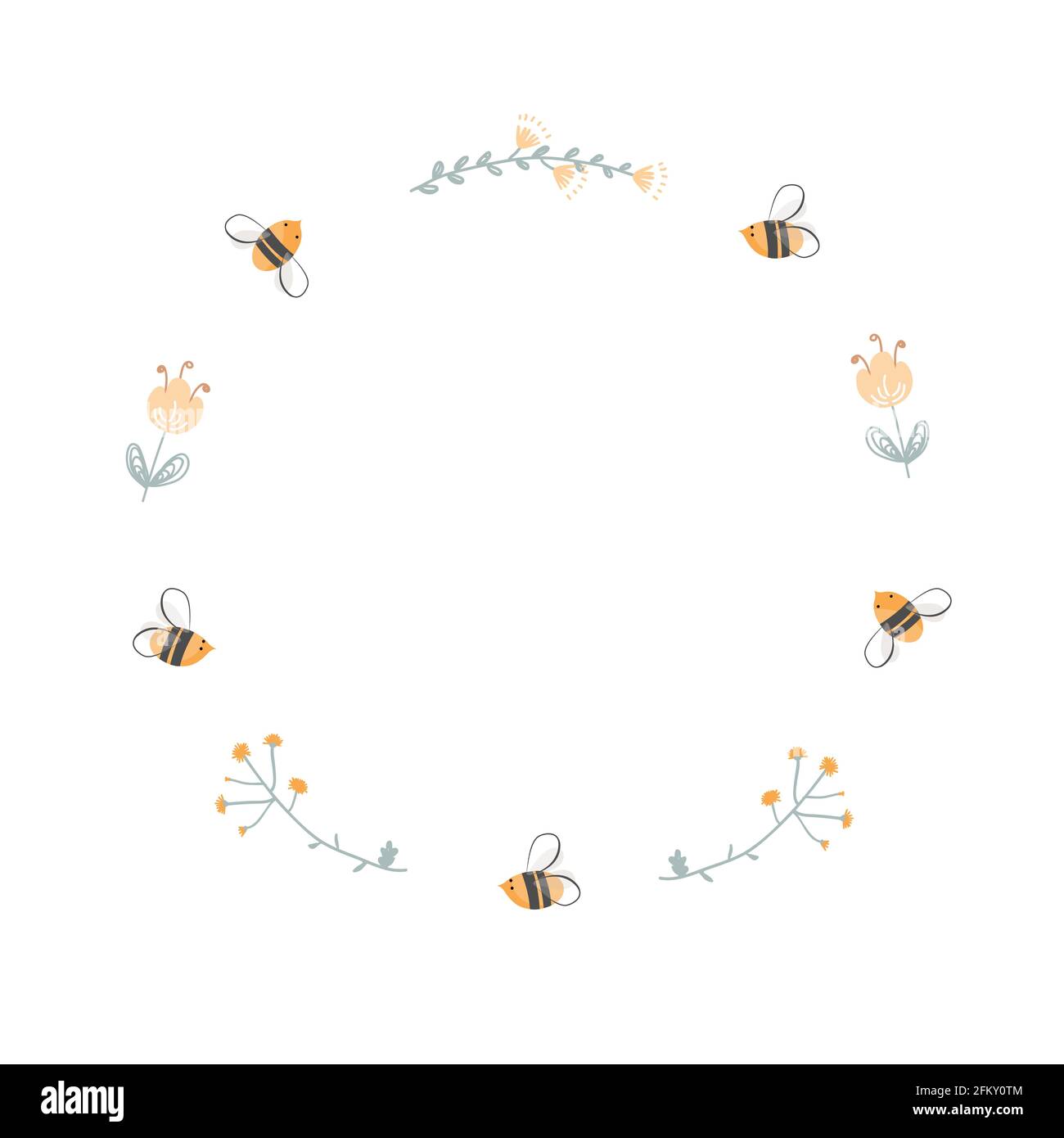 Cornice rotonda di barattoli di api e fiori. Logo per il confezionamento di prodotti per l'apicoltura, l'apicoltura e l'apicoltura. Illustrazione di cartoni animati vettoriali Illustrazione Vettoriale