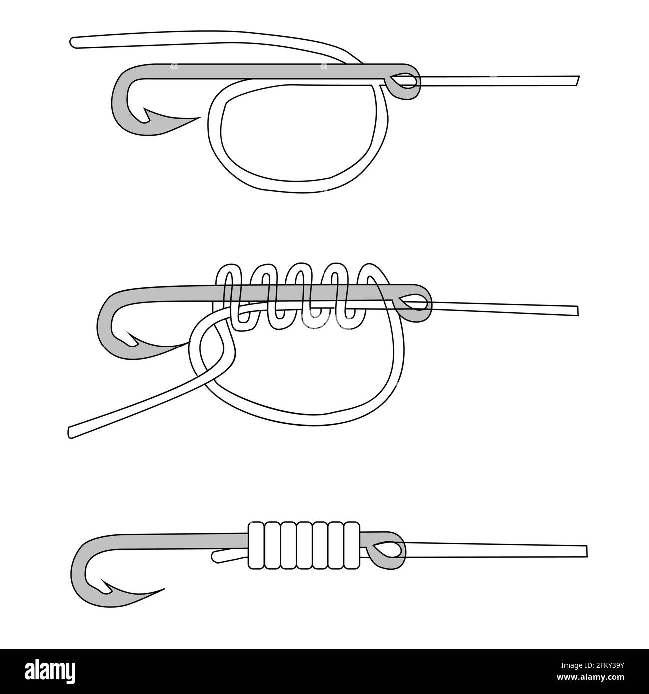 Unità di pesca UNI per il collegamento di ganci e esche, legatura con lenza. Diagramma vettoriale Illustrazione Vettoriale