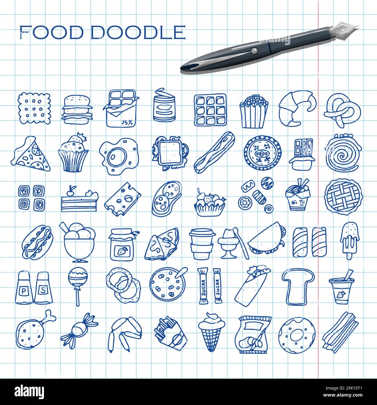 Doodle food Set di 50 diversi prodotti fast-food. Dolci fatti a mano, dessert, spuntini, popcorn, cibo americano e colazione inglese. Una grande serie di Illustrazione Vettoriale