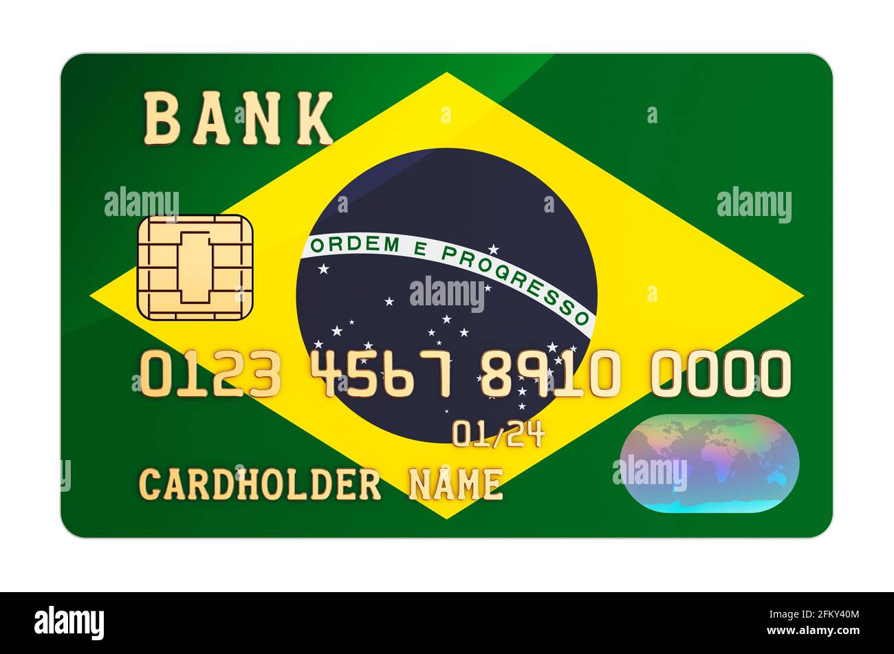 Carta di credito bancaria con bandiera brasiliana. Sistema bancario nazionale in Brasile Concept. Rendering 3D isolato su sfondo bianco Foto Stock