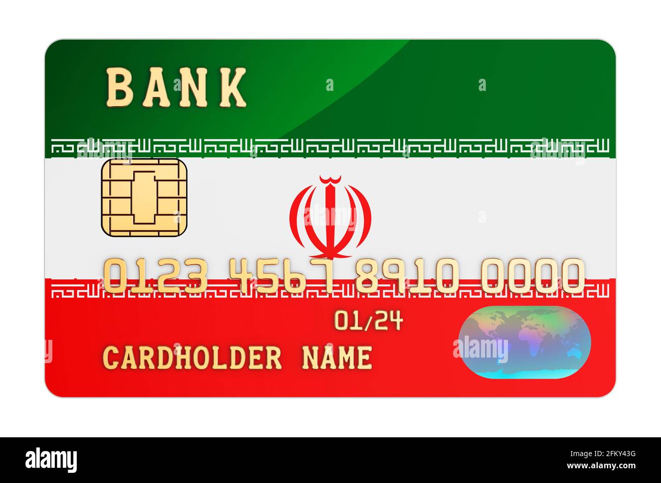 Carta di credito bancaria con bandiera iraniana. Sistema bancario nazionale in Iran. Rendering 3D isolato su sfondo bianco Foto Stock