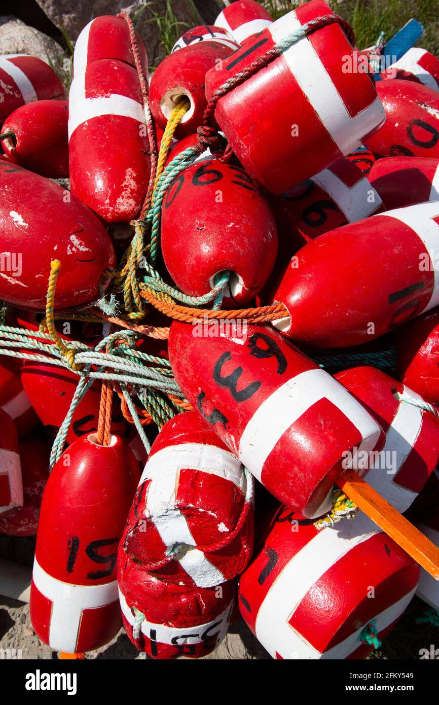 Lobster Pot Buoy Markers a Neall's Harbour, Nuova Scozia, Canada, pesca commerciale, tradizione Foto Stock