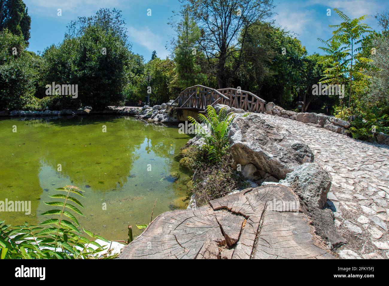 Lago artificiale con ponte di legno al Giardino Nazionale di Atene - Grecia. Si tratta di un parco pubblico nel centro della città di Atene, vicino a piazza Syntagma Foto Stock