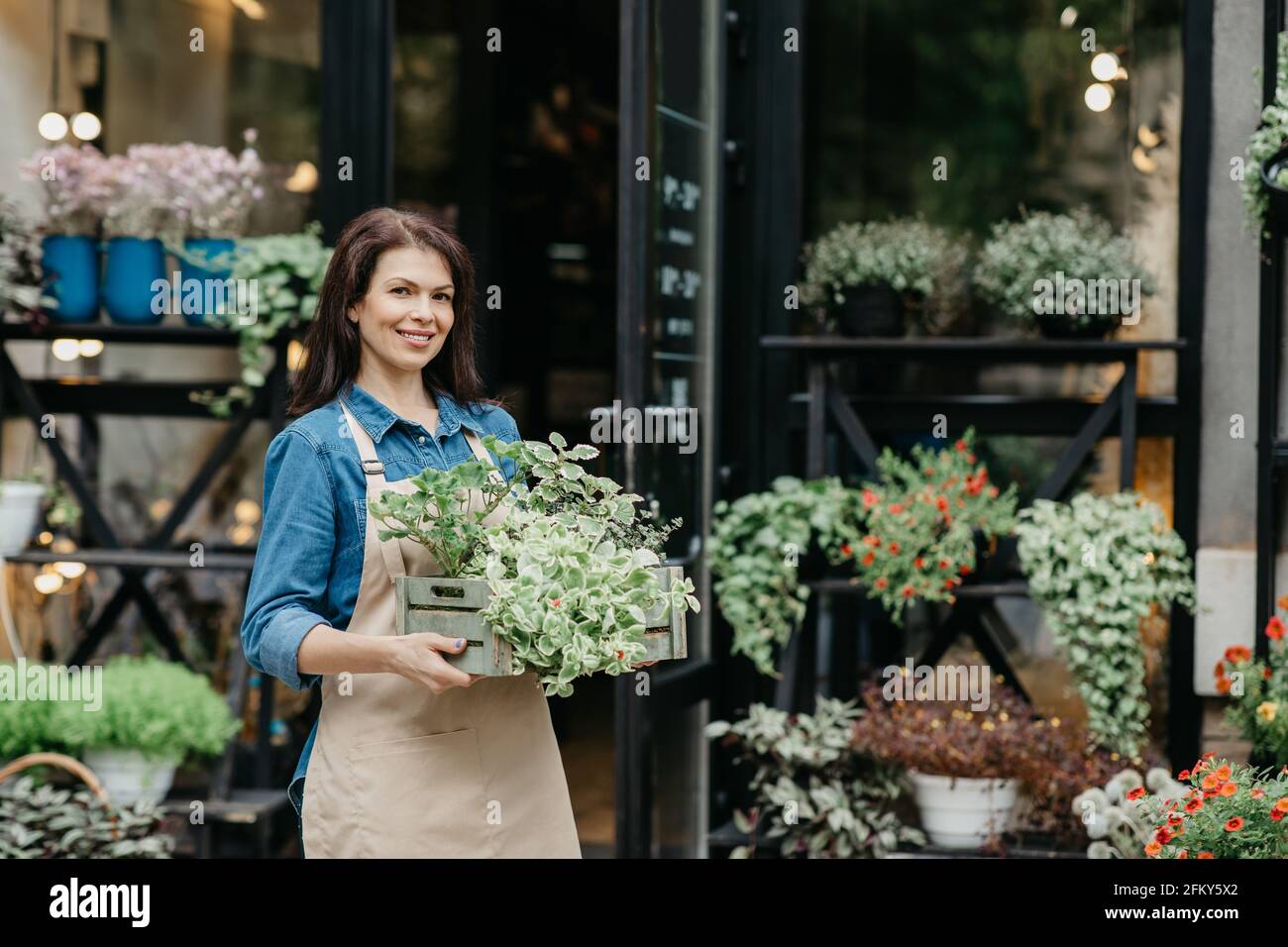 Lavoro di giardiniere, designer e venditore in moderno studio di fiori all'aperto Foto Stock