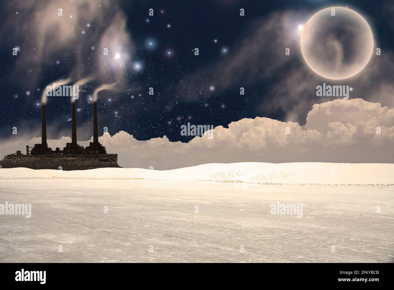 Fabbrica in paesaggio surreale. Rendering 3D Foto Stock