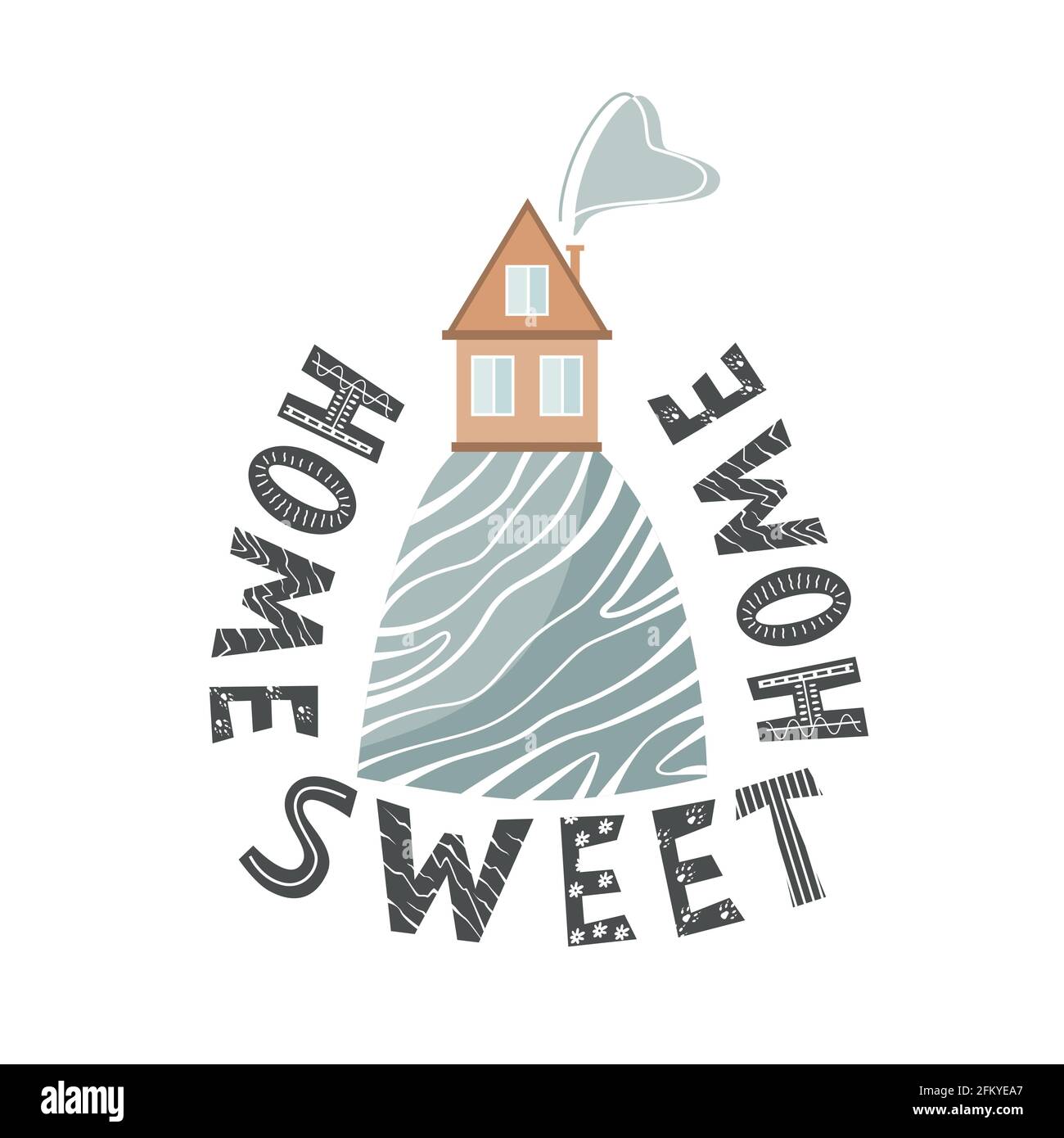 Elegante carta con cartoni animati casa sulla collina e Home Sweet Home scritta in stile scandinavo. Illustrazione vettoriale isolata in bianco Illustrazione Vettoriale