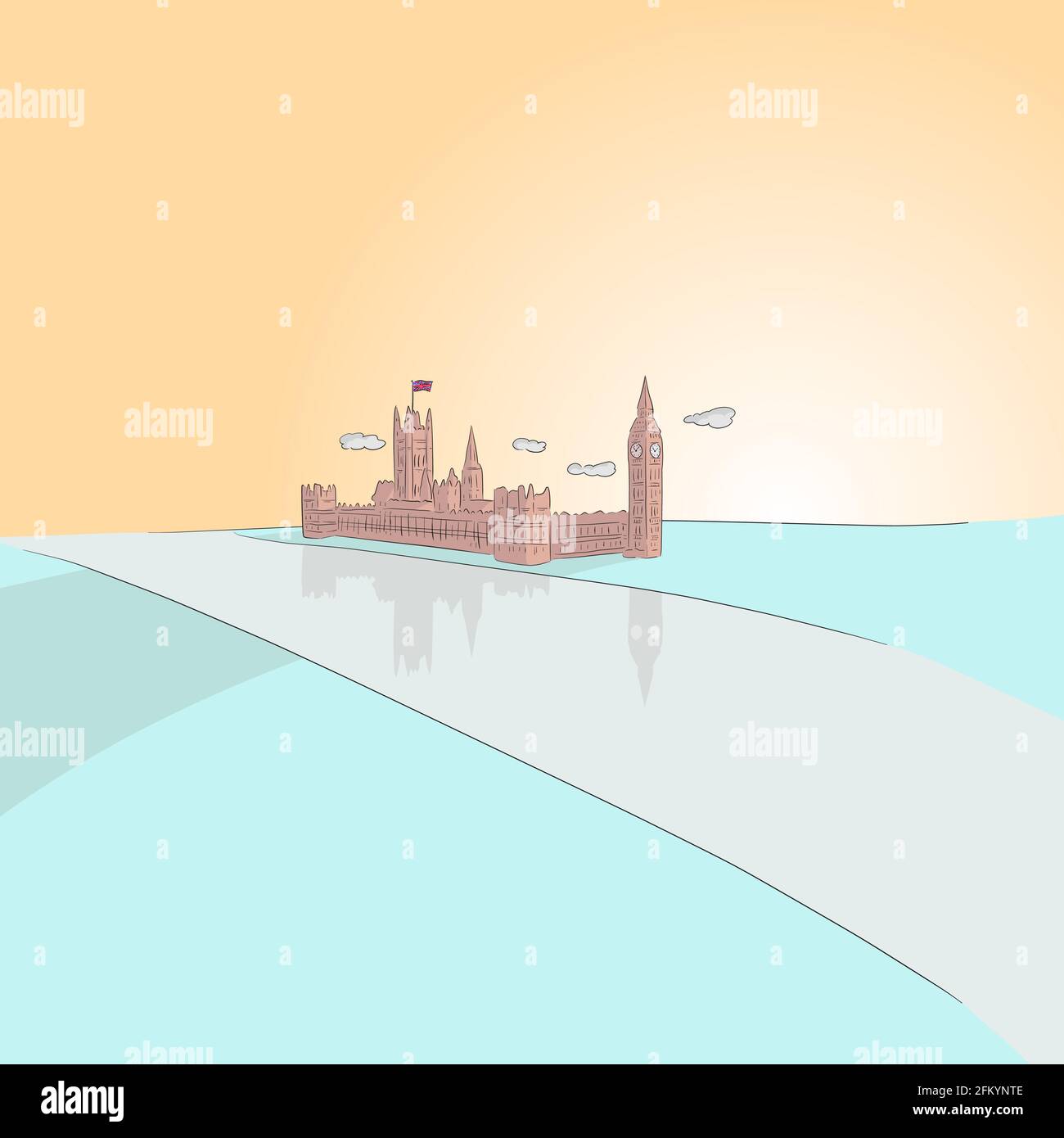 Big ben e House of Parliament and River Thames a Londra, nel Regno Unito al tramonto o all'alba con un vettore di illustrazione dipinto a mano in colori pastello. Illustrazione Vettoriale