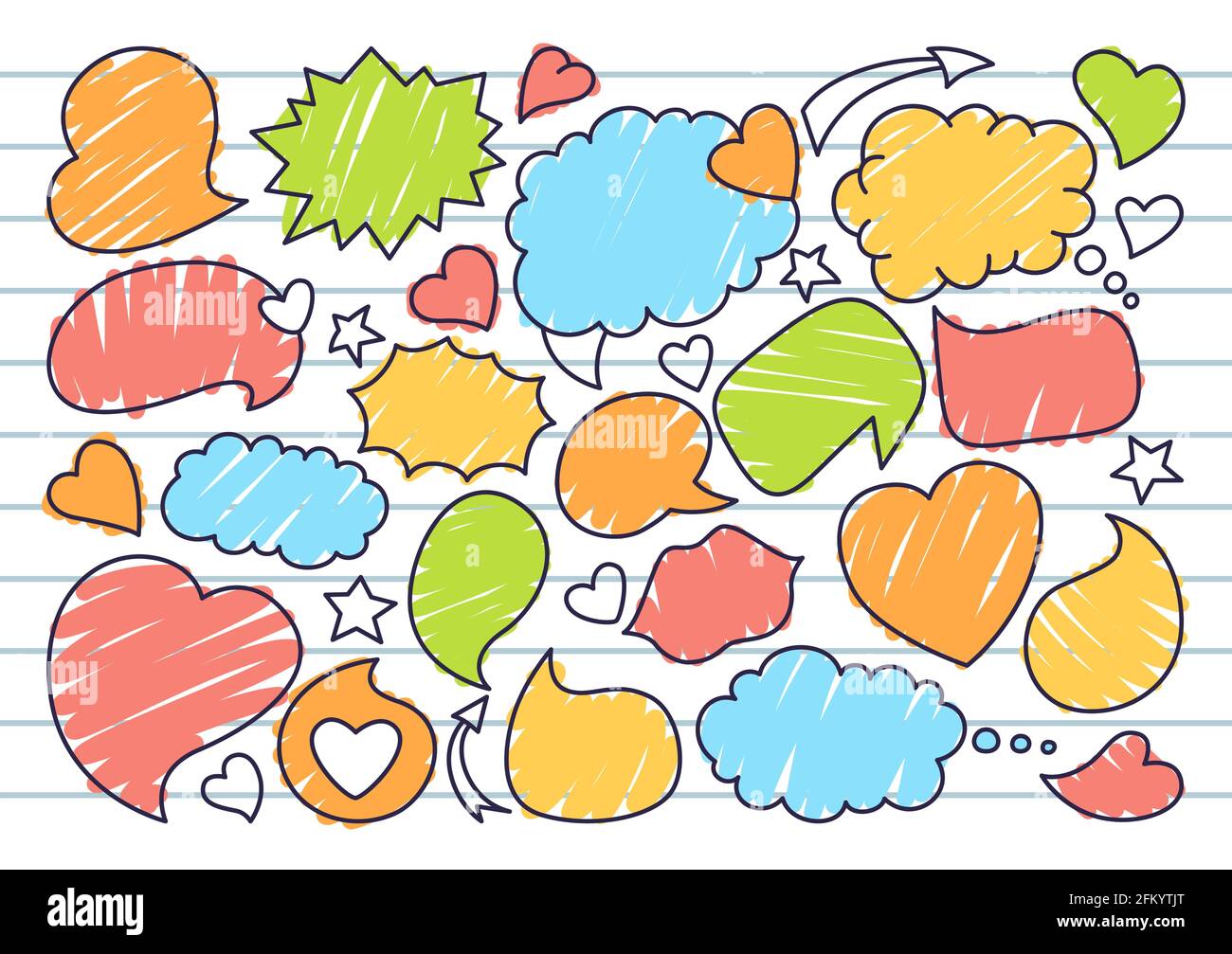 Speech bubble sketch doodle set, linea di sfondo notebook. Elementi di disegno pop art dialoga nuvole per testo, banner d'amore. Libro fumetti dell'icona di blobs di pensiero di discorso. Illustrazione vettoriale cartoon disegnata a mano Illustrazione Vettoriale