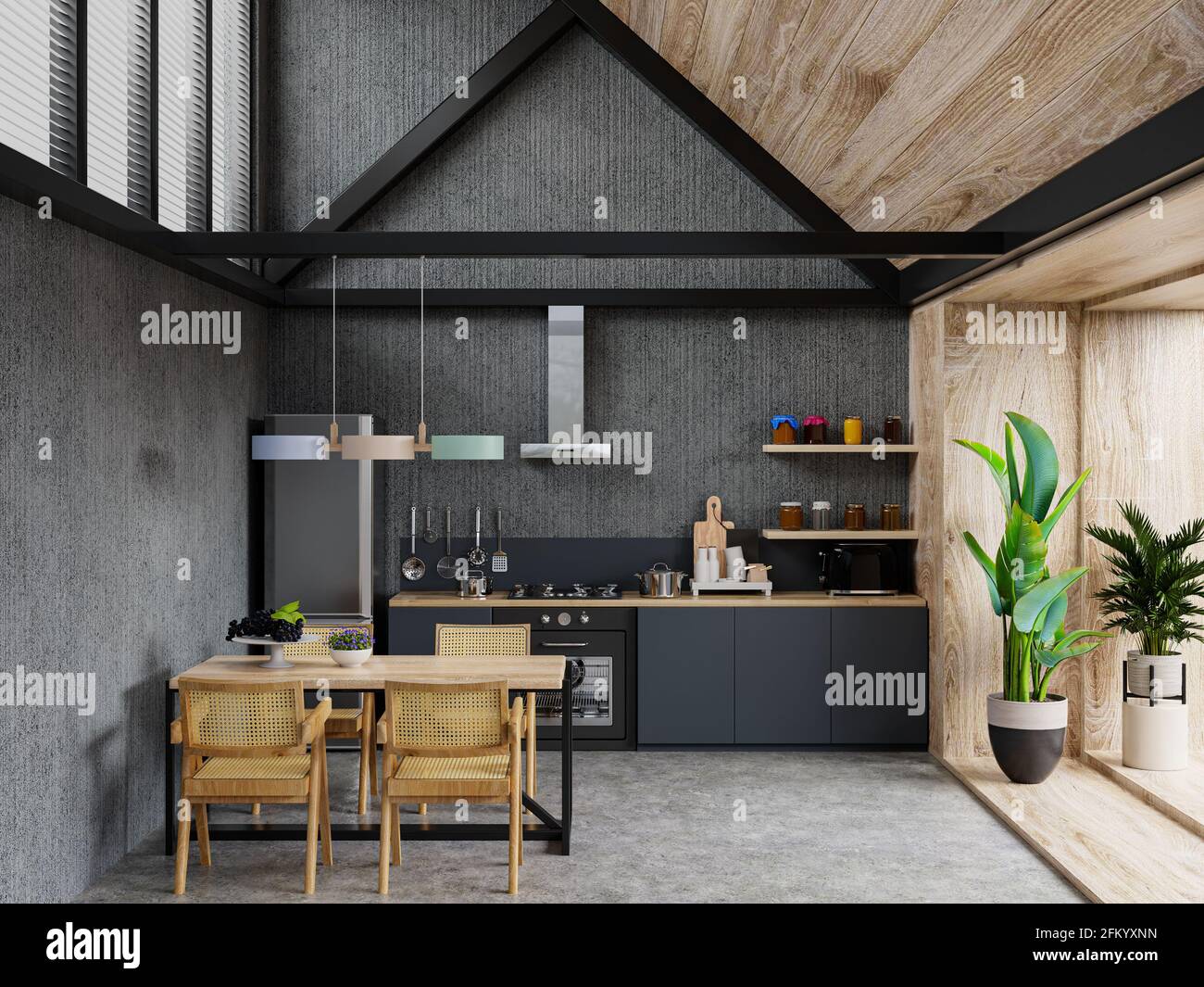 Interno di cucina spaziosa con parete in cemento.rendering 3d Foto Stock