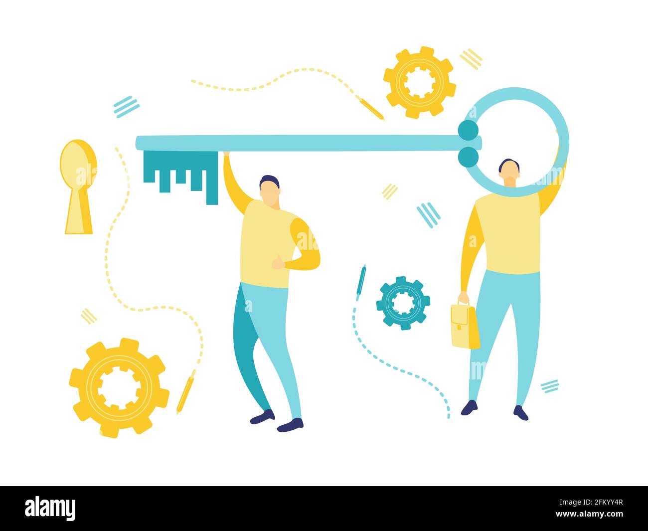 Illustrazione piatta di due uomini d'affari che tengono la chiave al buco della serratura. Concetto di lavoro di squadra. Concetti di business e finanza. Illustrazione Vettoriale Illustrazione piatta di due uomini d'affari che tengono la chiave al buco della serratura. Concetto di lavoro di squadra. Concetti di business e finanza. Illustrazione Vettoriale