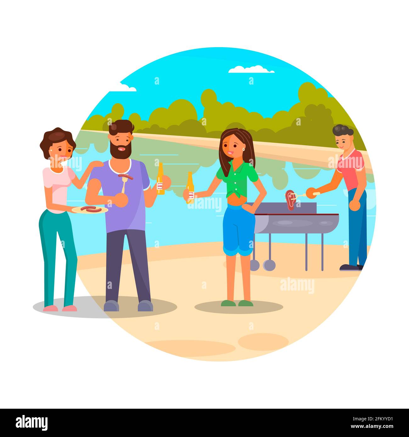 Barbecue festa con gli amici, flat vettoriale illustrazione. La gente cucina carne, salsicce alla griglia, bere birra e divertirsi. Illustrazione Vettoriale