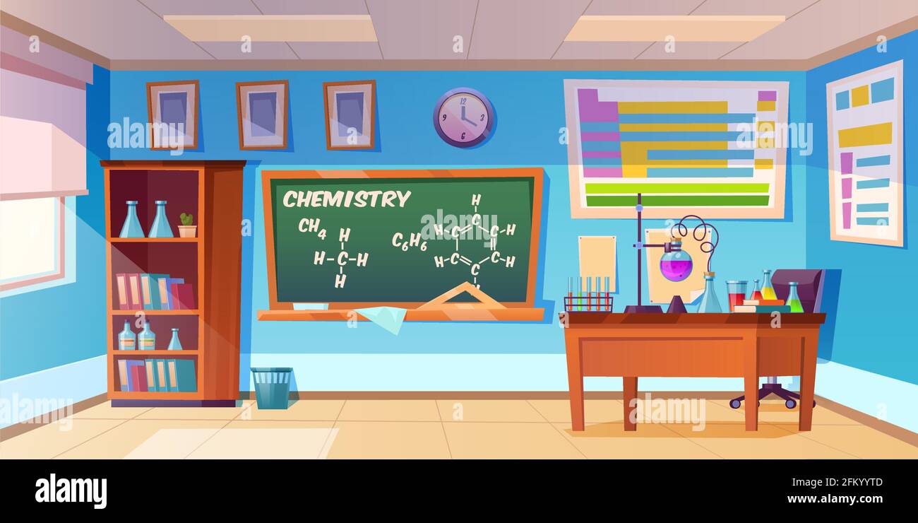 Armadio per chimica, interno vuoto per laboratori con formula chimica su lavagna, becher per esperimenti su scrivania, mobili e forniture scolastiche. Illustrazione vettoriale cartoon della sala didattica Illustrazione Vettoriale