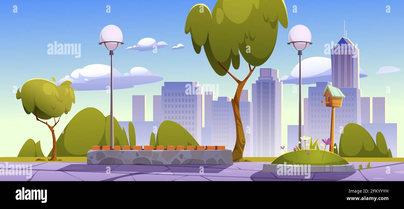 Parco cittadino con alberi verdi e erba, panca in legno e edifici cittadini sullo skyline. Vigneto paesaggio estivo di vuoto giardino pubblico con lanterne e casa degli uccelli Illustrazione Vettoriale