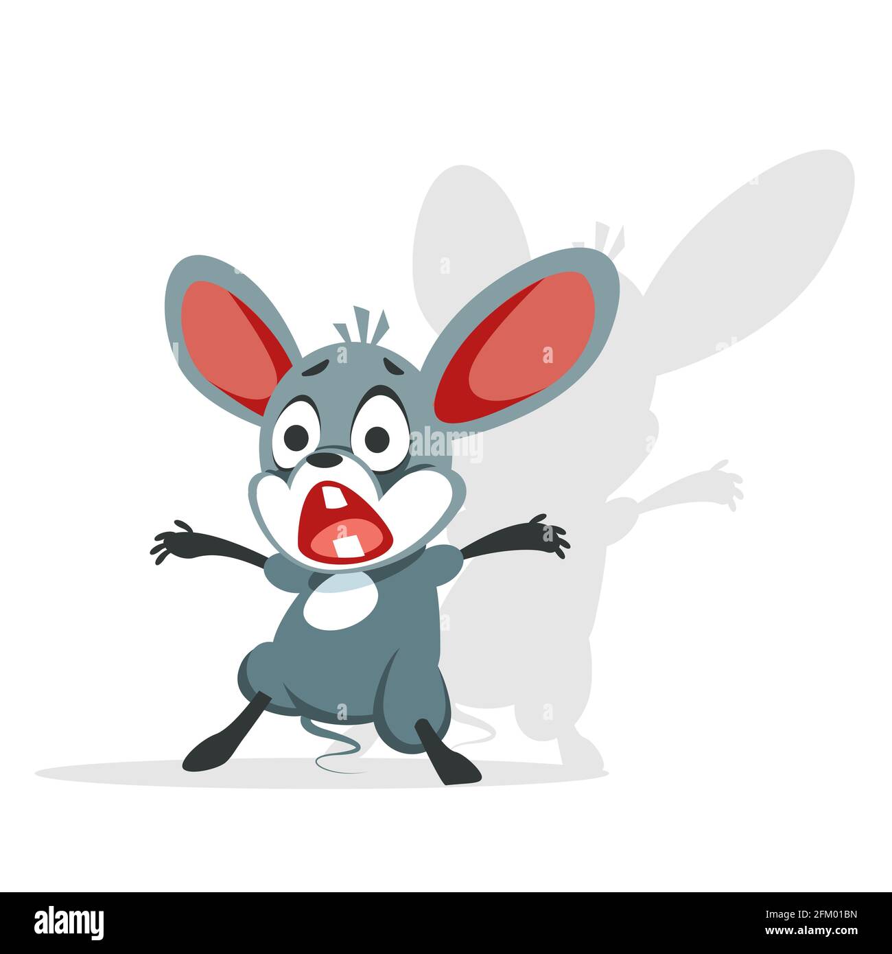 Il cartoon mouse è terrorizzato. Il piccolo ratto fremette e gridò in fragola. Illustrazione vettoriale di un carattere isolato su sfondo bianco Illustrazione Vettoriale