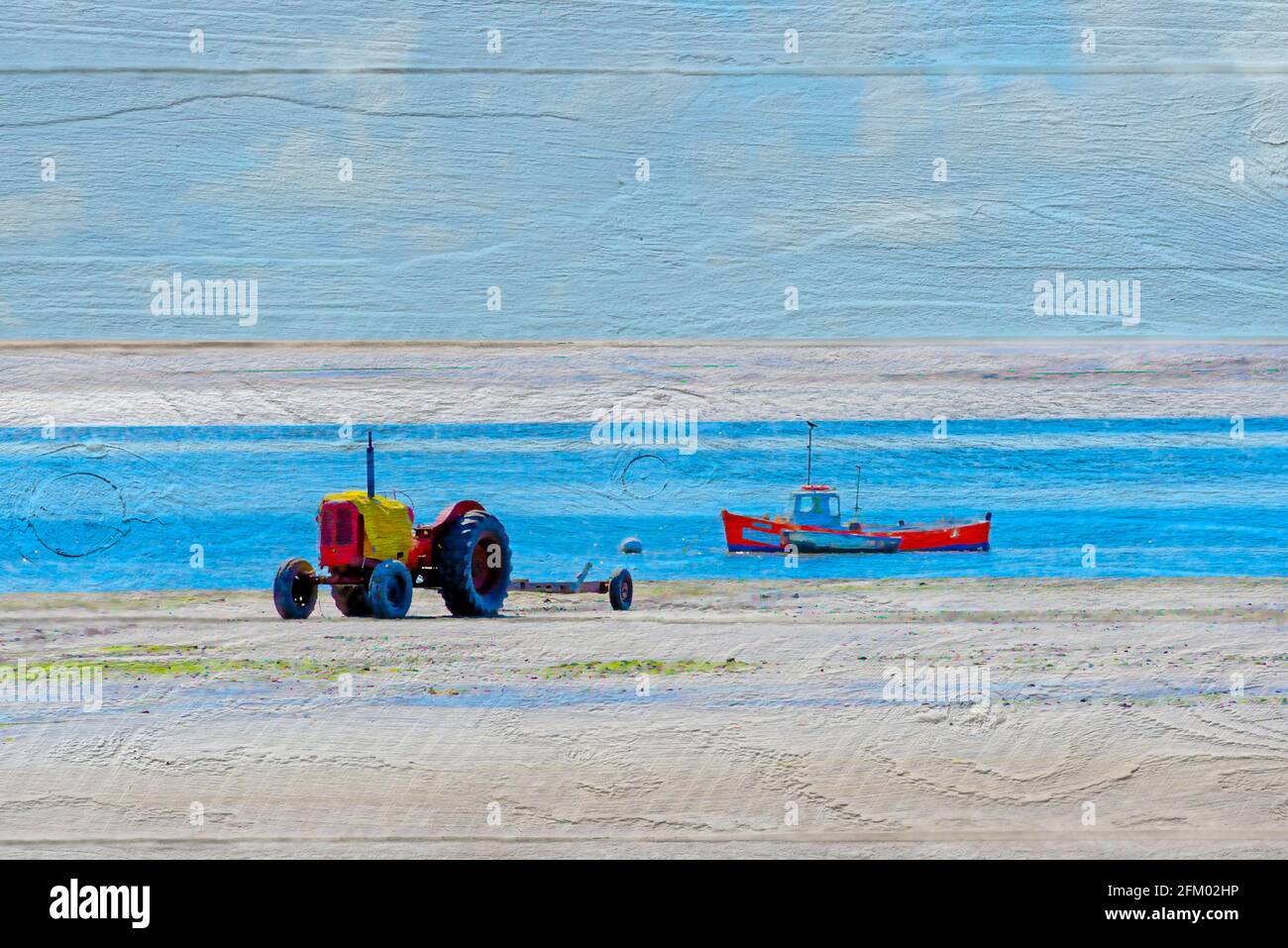 Spiaggia dipinta a mano di barca da pesca e trattore su pannello in legno bianco Foto Stock