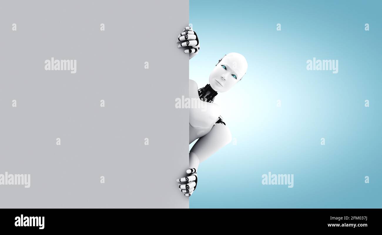 Il robot umanoide di rendering 3D si presenta dalla parete . Illustrazione dell'intelligenza artificiale dell'intelligenza artificiale . Foto Stock