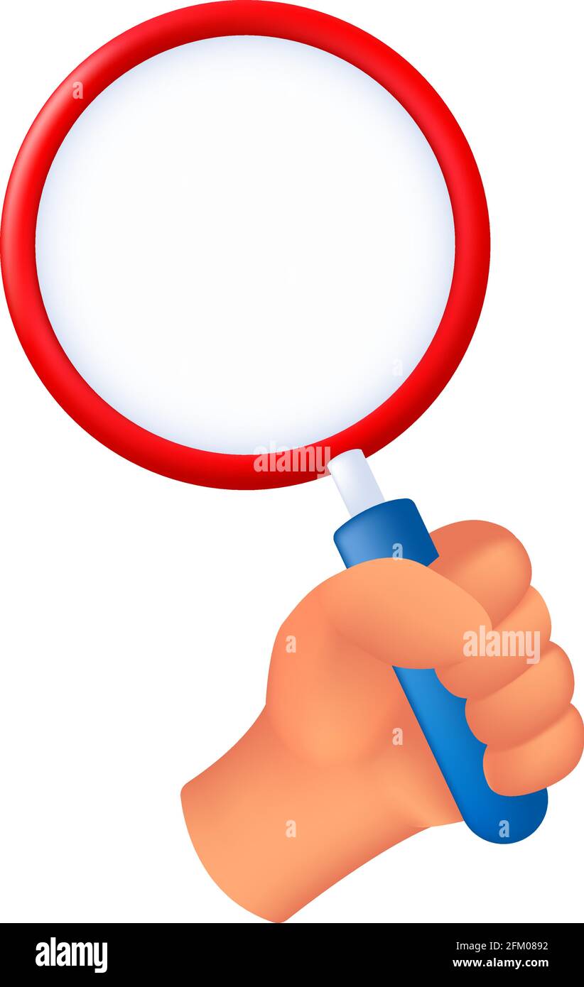 Mano umana che tiene una lente di ingrandimento. Illustrazione vettoriale 3D di una mano maschile con una lente isolata su sfondo bianco Illustrazione Vettoriale