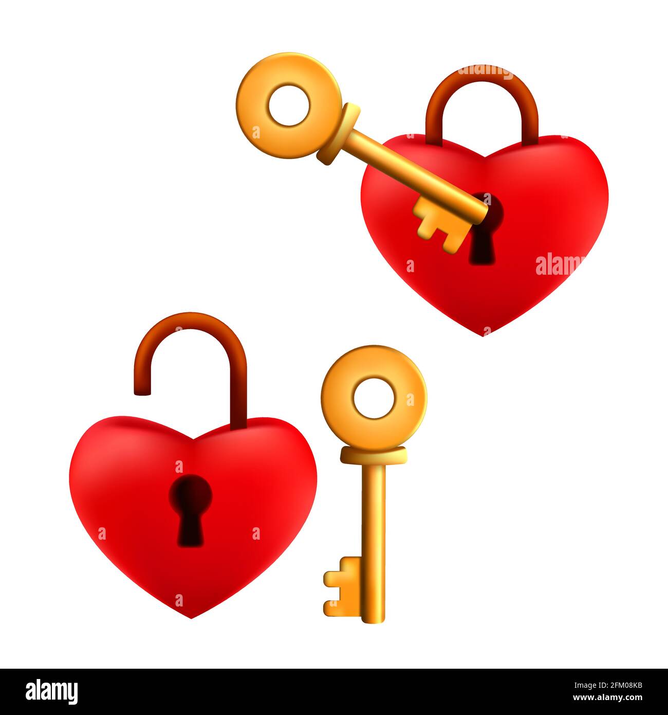 Set di lucchetto rosso a forma di cuore a forma di cartoni animati bloccati e sbloccati con chiave dorata isolata su sfondo bianco Illustrazione Vettoriale