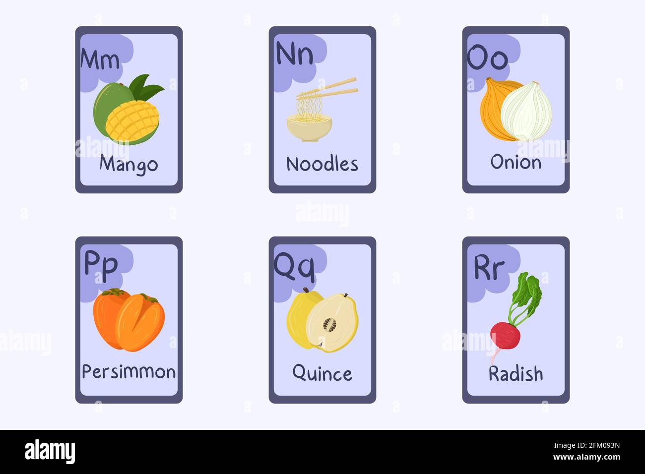 Flashcard alfabetica colorata lettera M, N, o, P, Q, R - mango,  tagliatelle, cipolla, persimmon, mela cotogna, ravanello. Carte a tema  alimentare per insegnare la lettura con cibi, frutta e frutta a