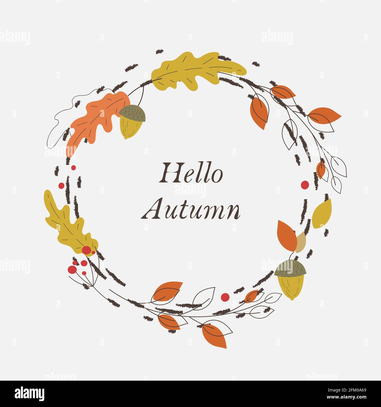 Foglie d'autunno cornice arrotondata, cerchio di foglia di quercia disegnata a mano, segnalatori, rami, bacca, linea piatta sottile design, sfondo wreath colorato modificabile Illustrazione Vettoriale