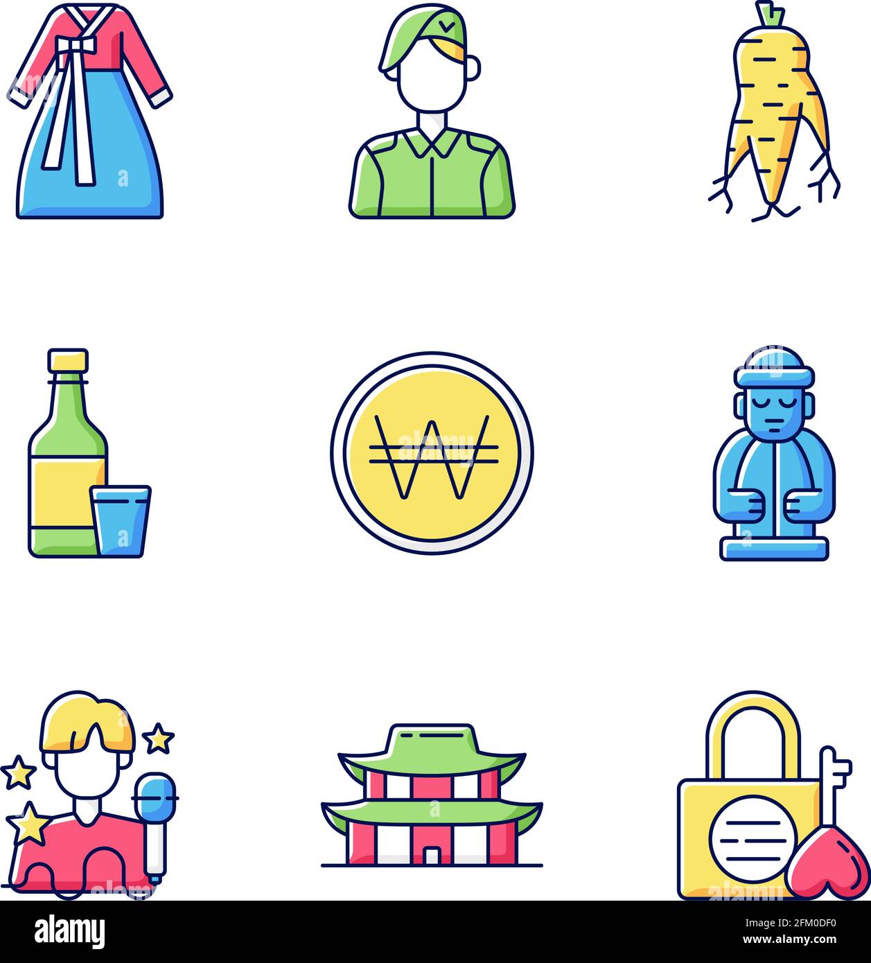 Set di icone di colore RGB per la cultura della Corea Illustrazione Vettoriale