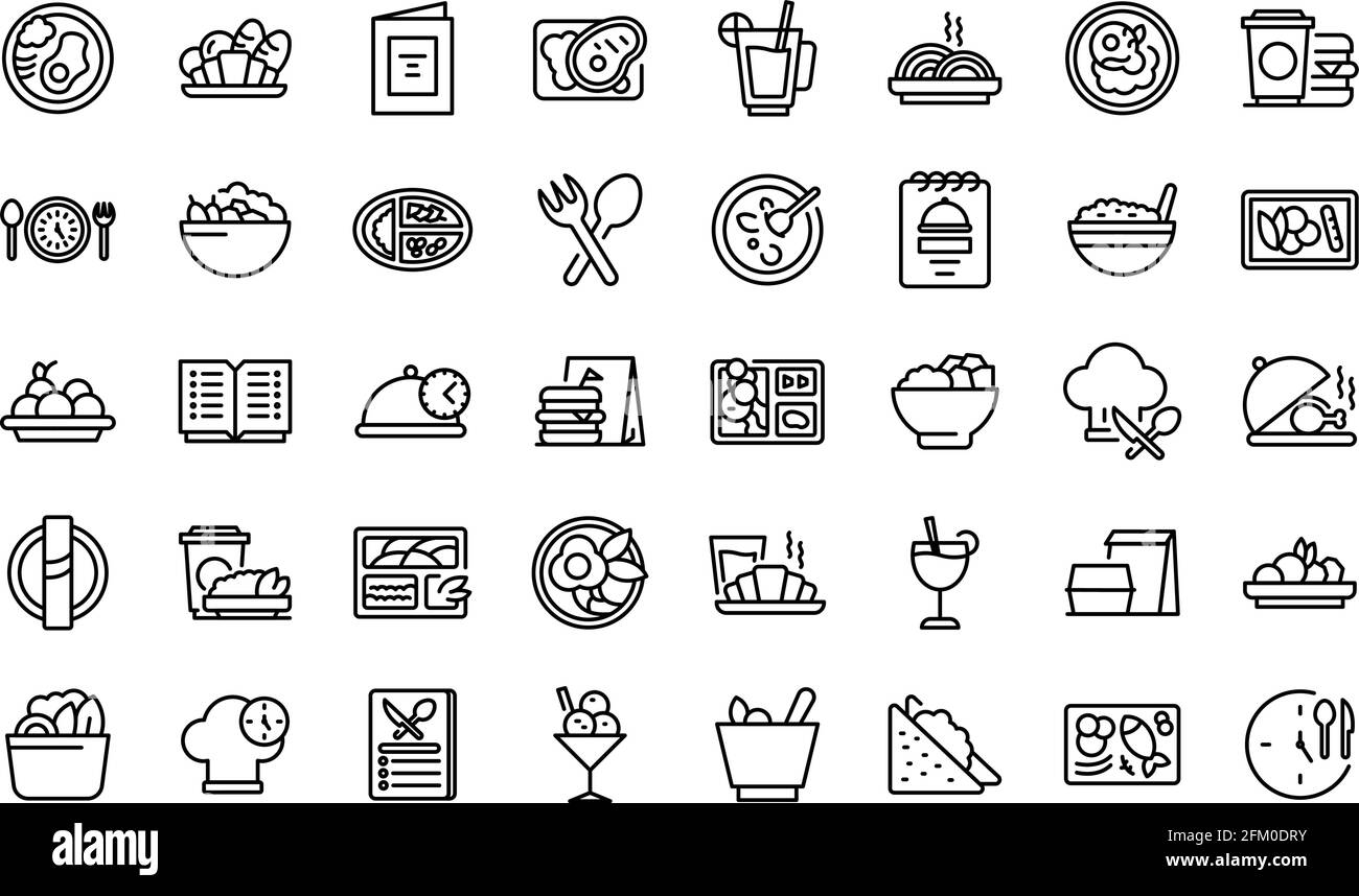 Set di icone per il pranzo di lavoro. Contorno insieme di icone vettoriali pranzo di affari per il web design isolato su sfondo bianco Illustrazione Vettoriale