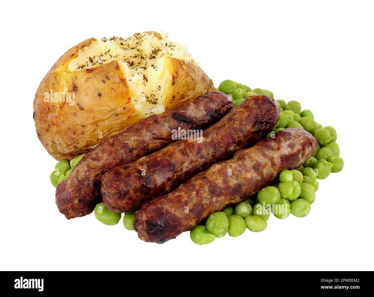 Salsicce di manzo Aberdeen Angus e pasto di patate al forno con piselli  isolato su sfondo bianco Foto stock - Alamy