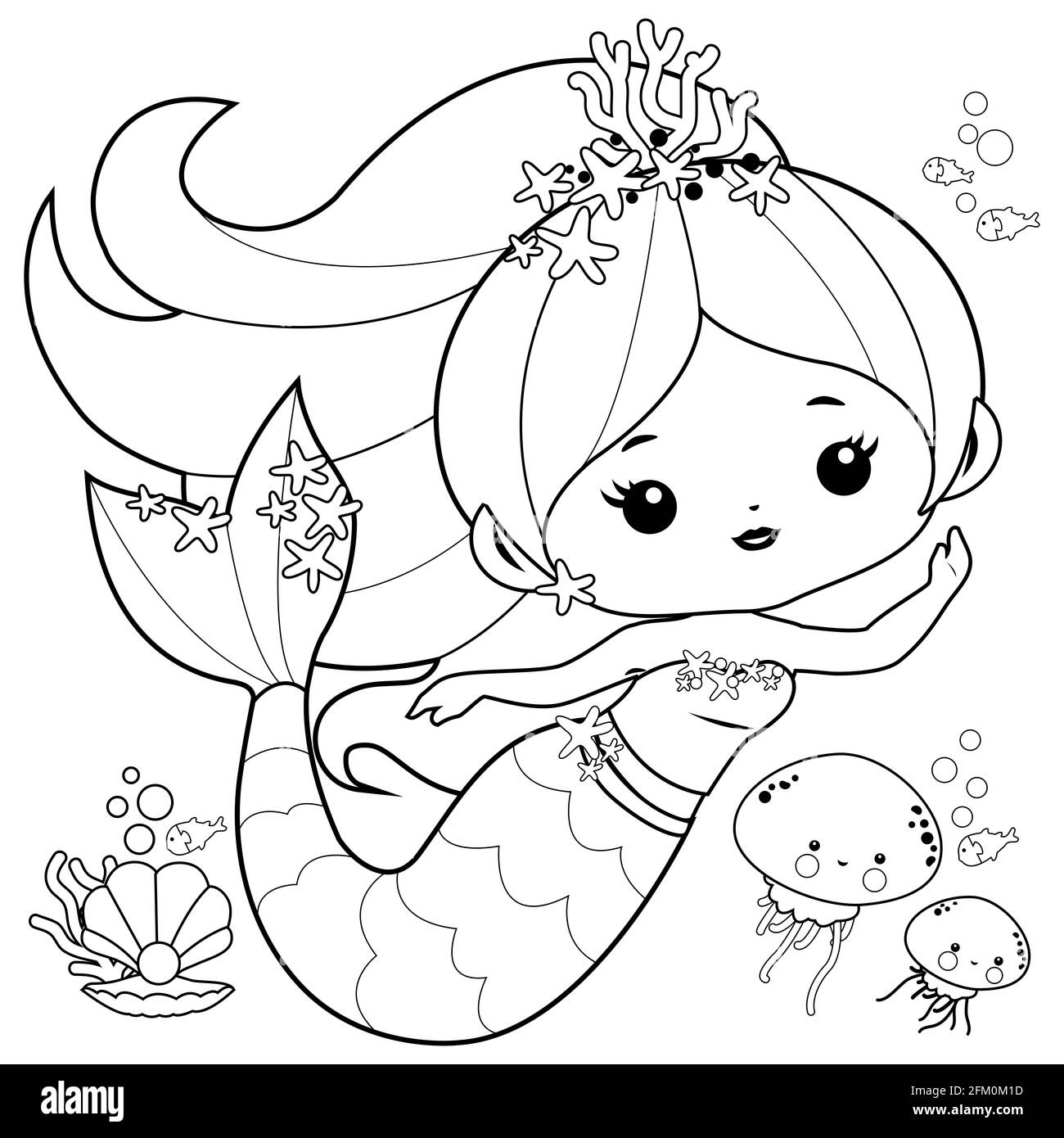 Bella sirena e animali di mare. Pagina da colorare in bianco e nero Foto Stock