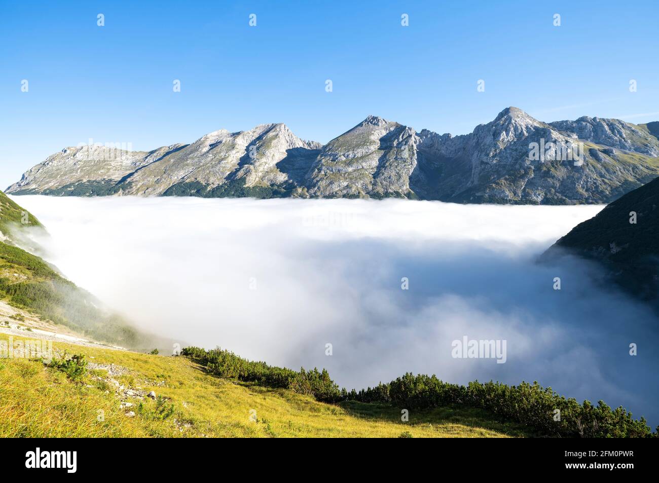 Paesaggio alpino con montagne rocciose sopra uno strato di nebbia in una giornata di sole in estate. Catena montuosa del Karwendel, Tirolo, Austria, Europa Foto Stock