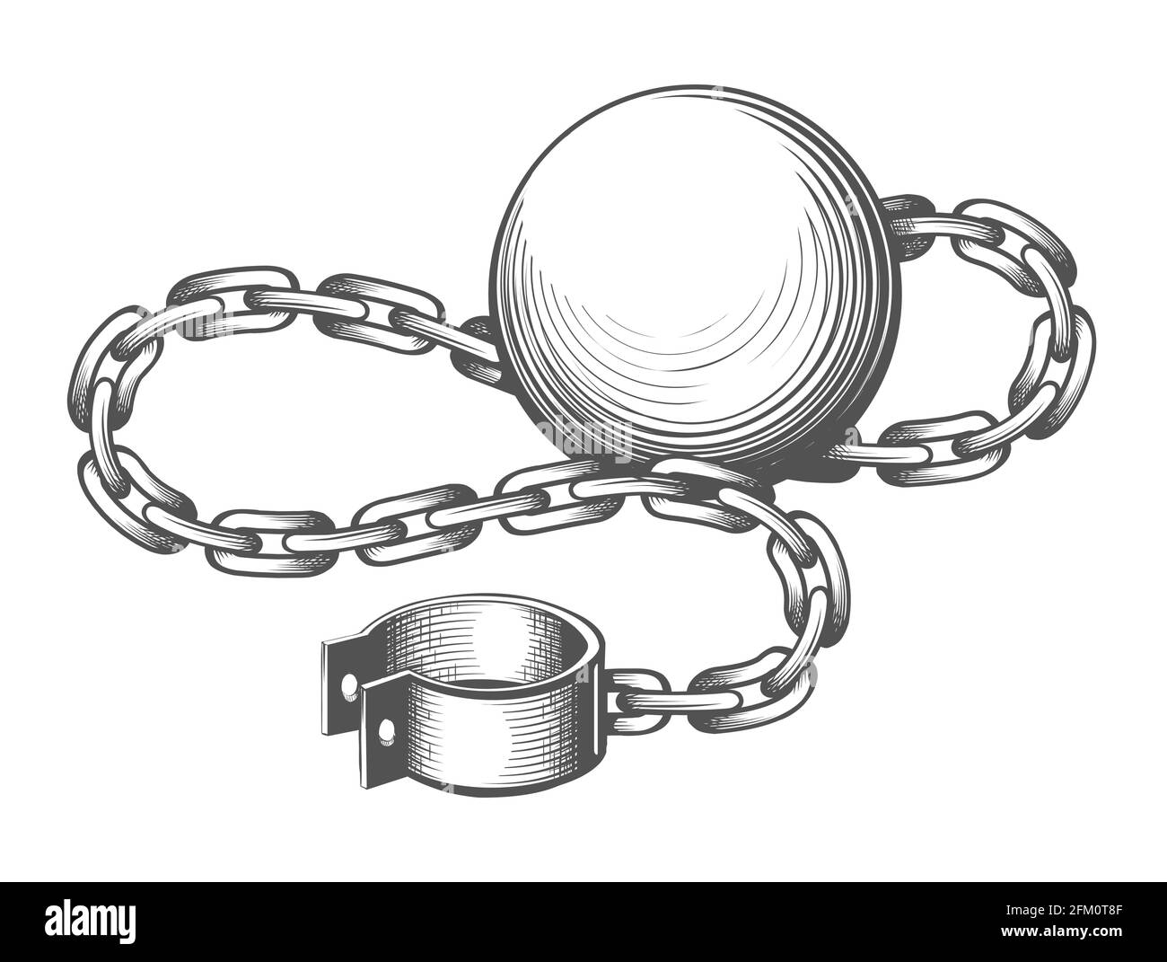 Tatuaggio di palla e catena disegnato in stile incisione. Illustrazione vettoriale. Illustrazione Vettoriale