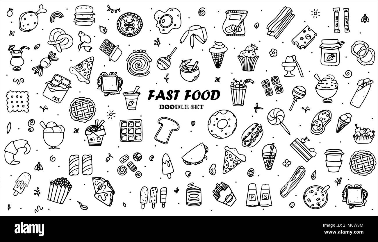 Doodle food Set di 50 diversi prodotti fast-food. Dolci fatti a mano, dessert, spuntini, popcorn, cibo americano e colazione inglese. Una grande serie di Illustrazione Vettoriale