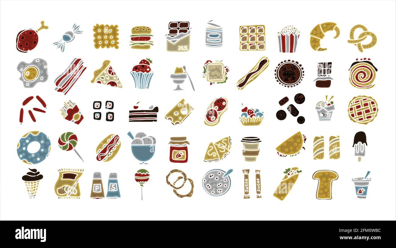 Doodle food Set di 50 diversi prodotti fast-food. Dolci fatti a mano, dessert, spuntini, popcorn, cibo americano e colazione inglese. Un grande colorato Illustrazione Vettoriale