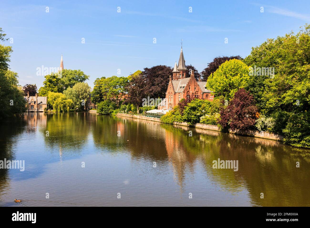 Vista sul lago Minnewater, conosciuto come il lago dell'amore. Minnewater Park, Bruges, Fiandre Orientali, Belgio, Europa. Foto Stock