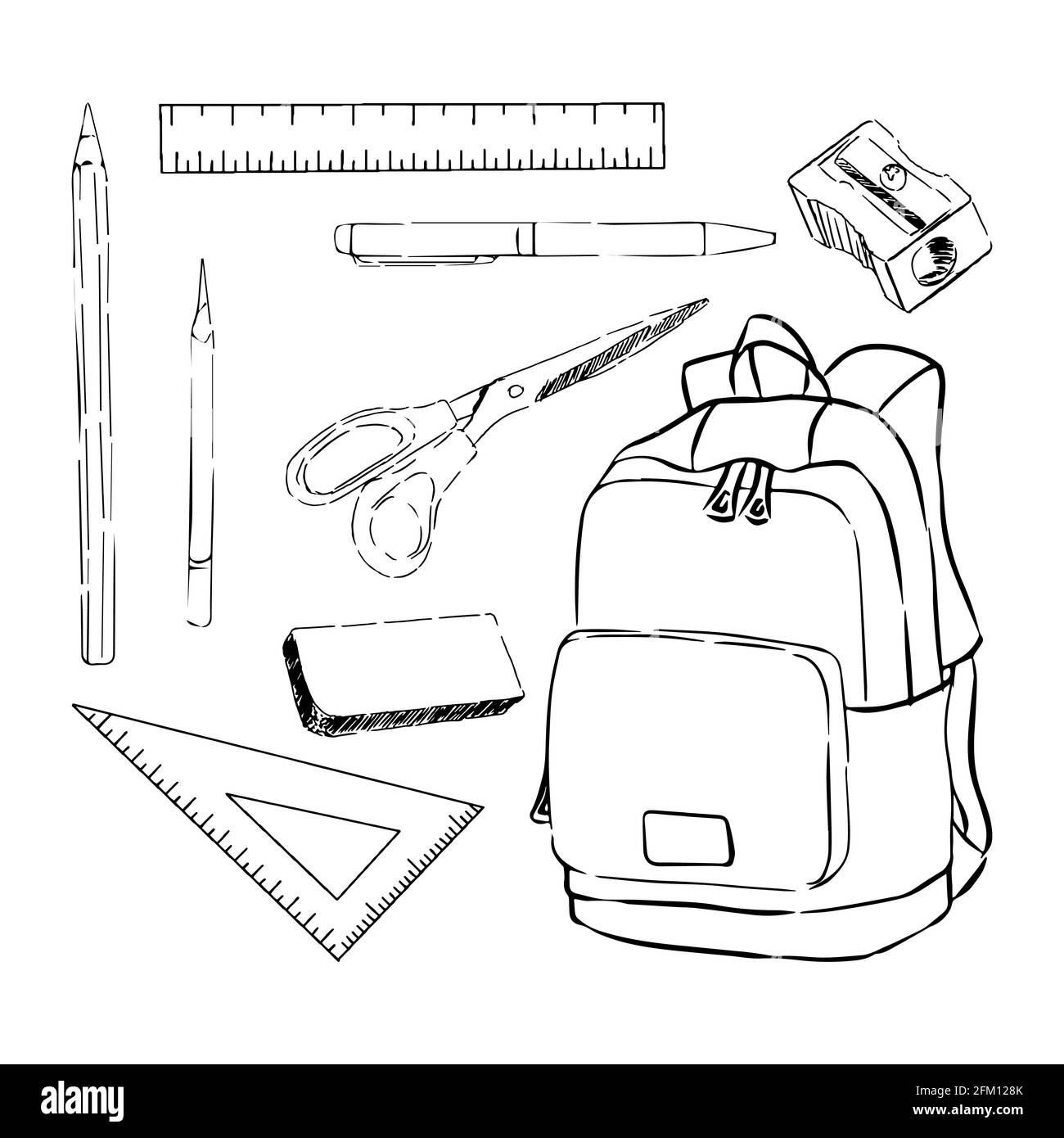Le forniture scolastiche sono isolate su sfondo bianco. Illustrazione Vettoriale