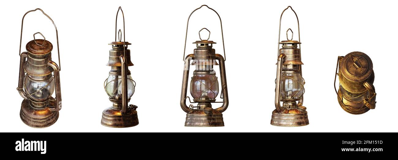 vecchie lanterne di kerosene isolate su sfondo bianco Foto Stock