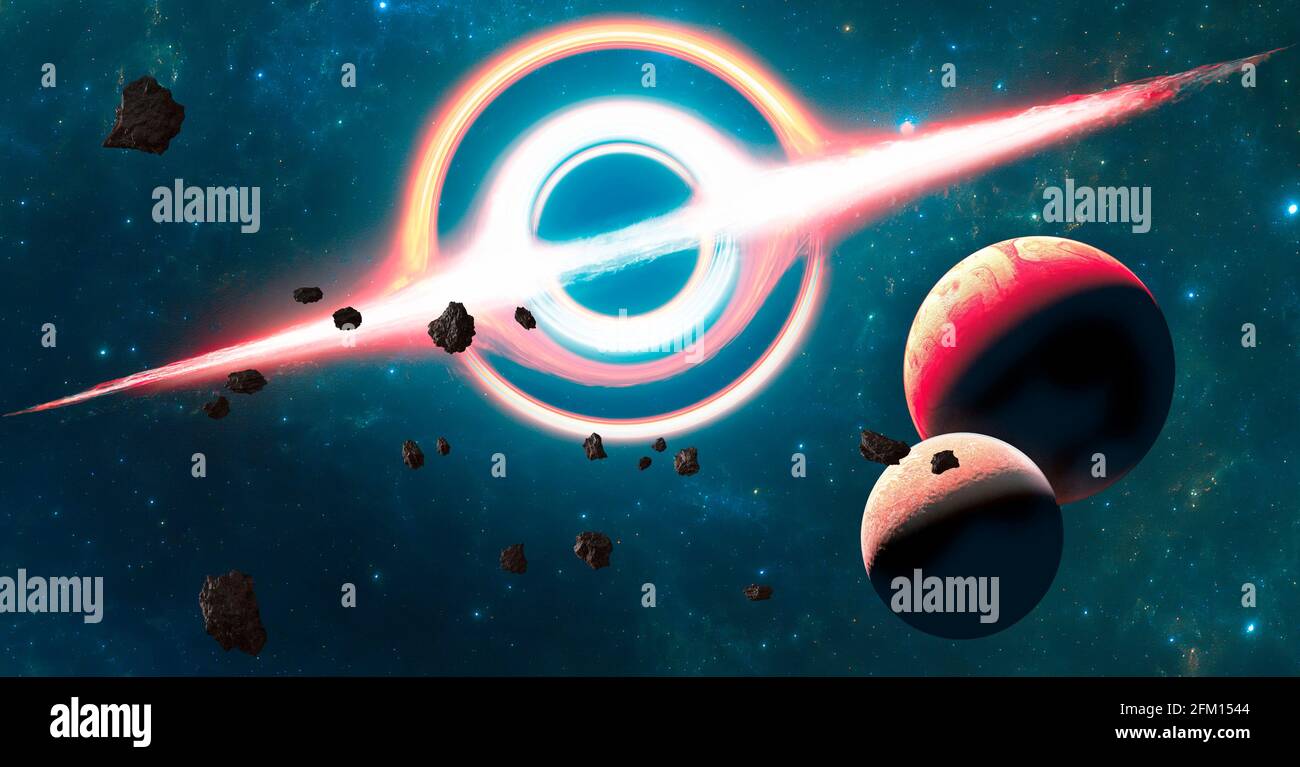 Buco nero supermassiccio, è una classe di oggetti astronomici che hanno subito un collasso gravitazionale. Orizzonte degli eventi. Pianeti ed esopianeti Foto Stock