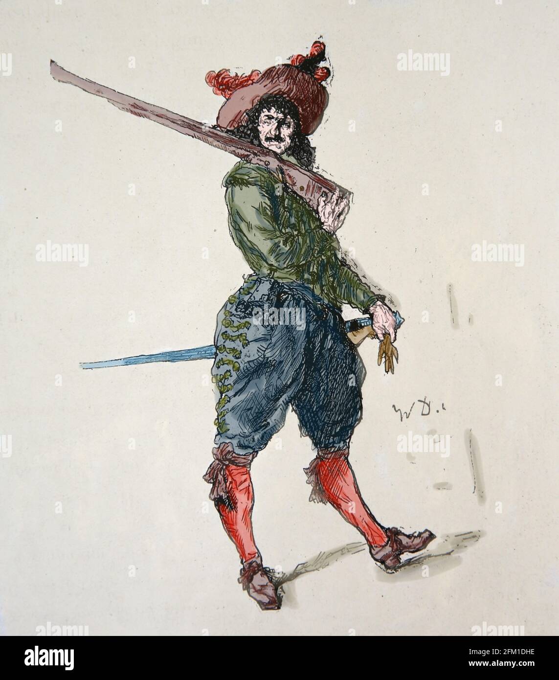 Musketeer che tiene un musket, seconda metà 17 ° secolo. Incisione, Germania, 1882. Foto Stock