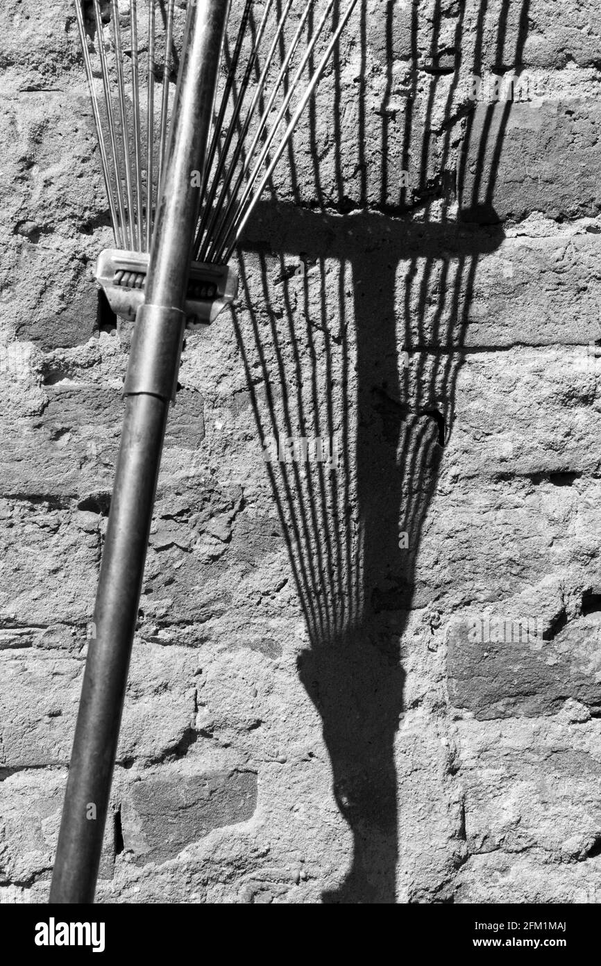 Rastrello di ferro con ombra su muro di mattoni in bianco e nero, fotografia astratta contemporanea Foto Stock