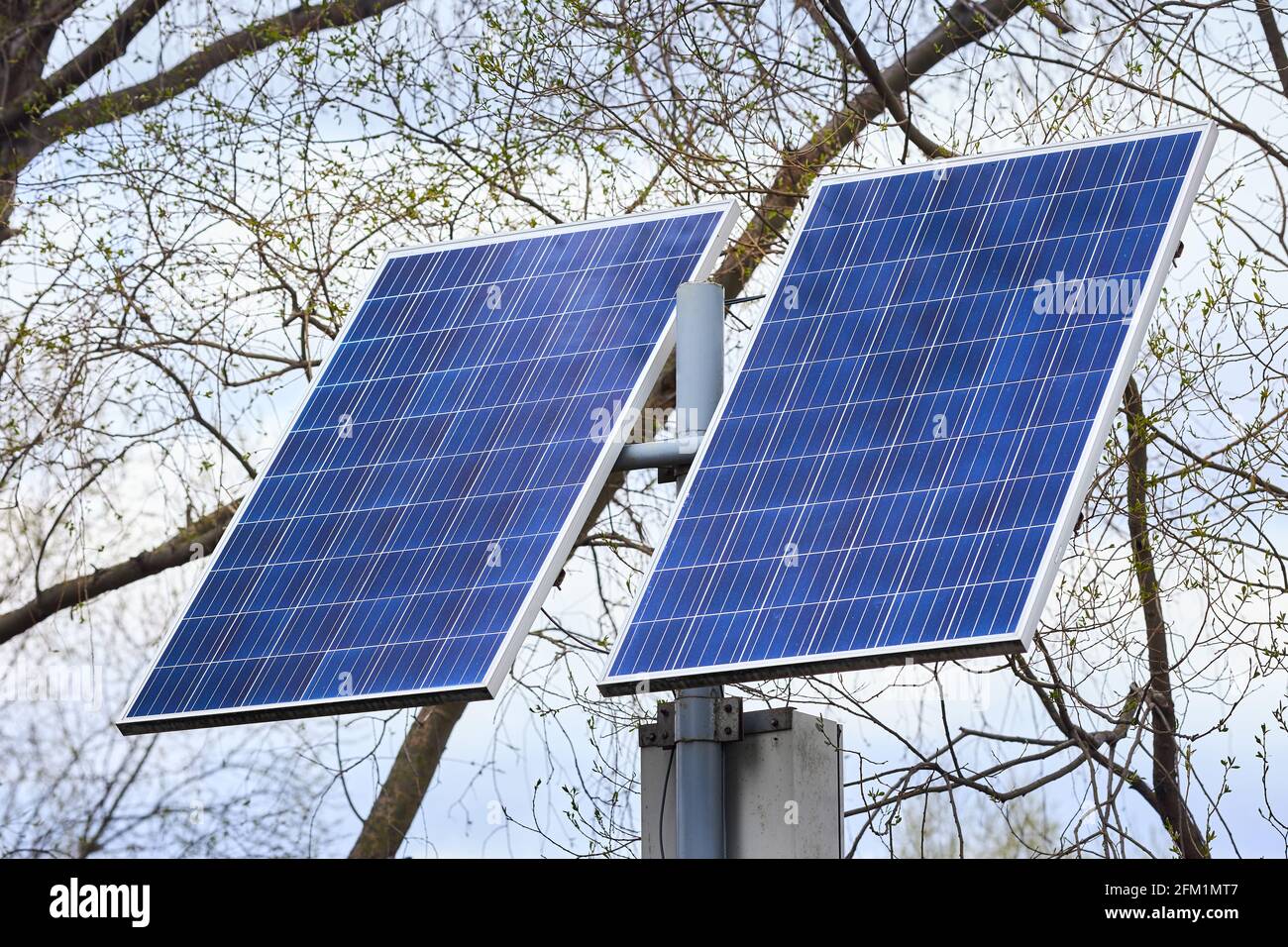 La batteria solare genera energia verde pulita per le lanterne nelle aree comuni. Concetto di conservazione ambientale, lotta contro l'inquinamento e. Foto Stock