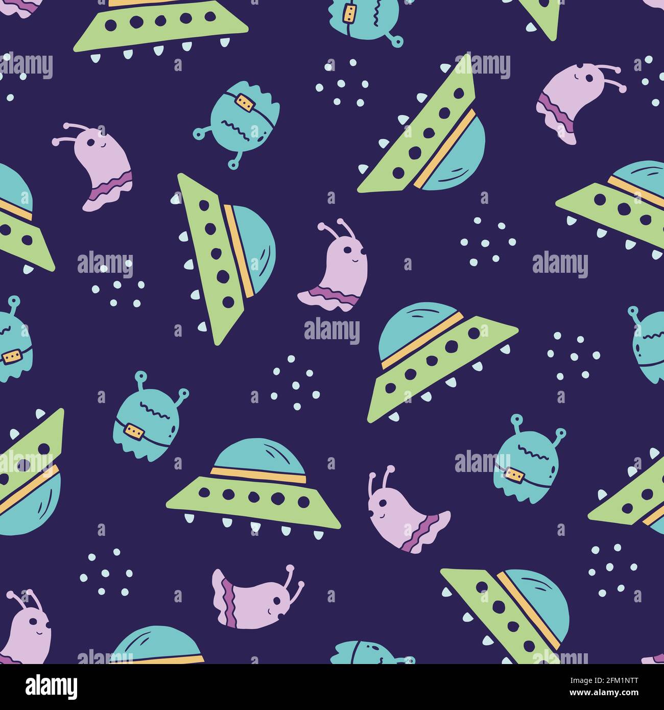 Carino modello infantile senza giunture di elementi spaziali, ufo, pianeta, alieno, satellite. Cartone animato disegnato a mano stile per bambini. Illustrazione vettoriale per tessuto, tessuto, carta da parati, sfondo. Illustrazione Vettoriale