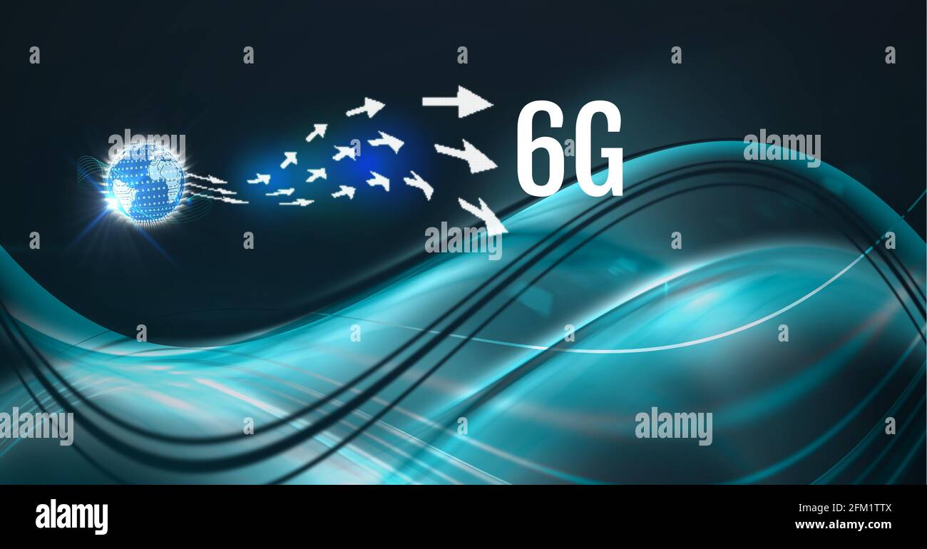 Composizione di testo 6g con frecce e globo su verde sentieri luminosi su sfondo verde Foto Stock