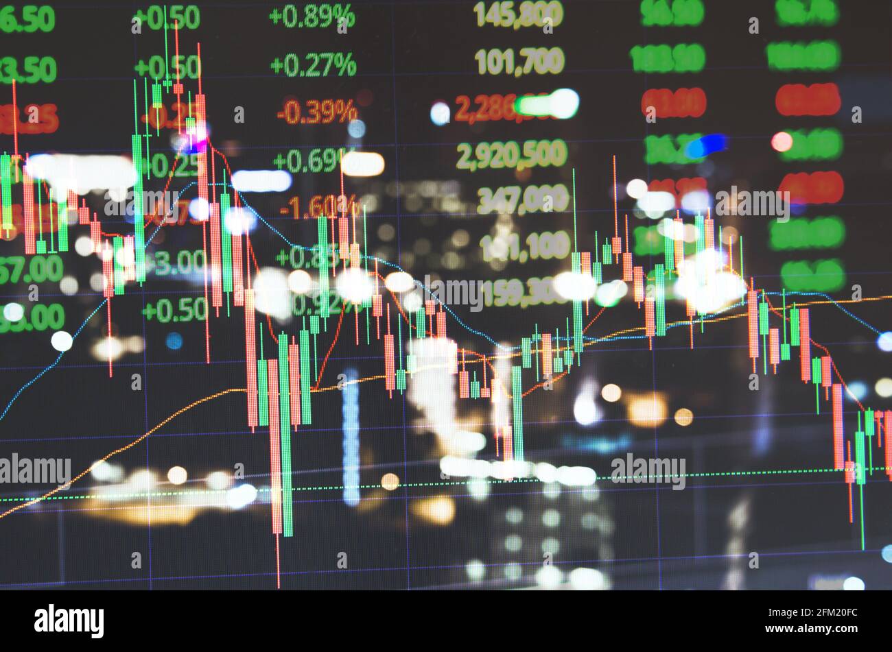 Doppia esposizione di statistiche virtuali astratte grafici di dati di mercato azionario analisi finanziaria di business trading. Foto Stock
